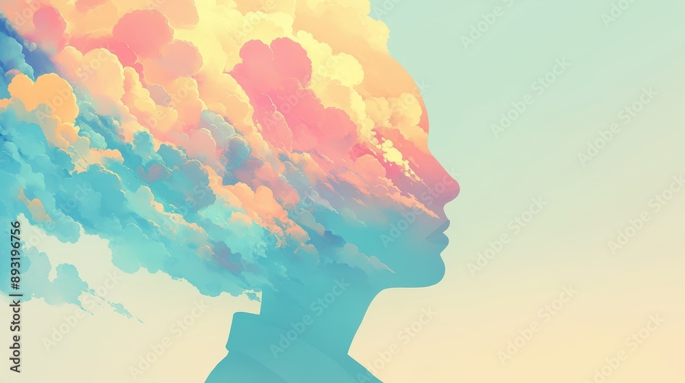 Brain fog, confusion, dementia, close up, focus on, soft colors, Double exposure silhouette with cloudy thoughts Brain fog, confusion, dementia, close up, focus on, soft colors, Double exposure silhouette with cloudy thoughts