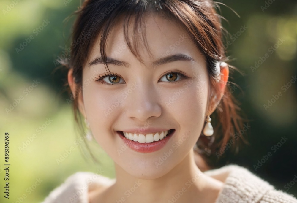 A young Asian lady smiles brightly. Model concept for promoting various products A young Asian lady smiles brightly. Model concept for promoting various products