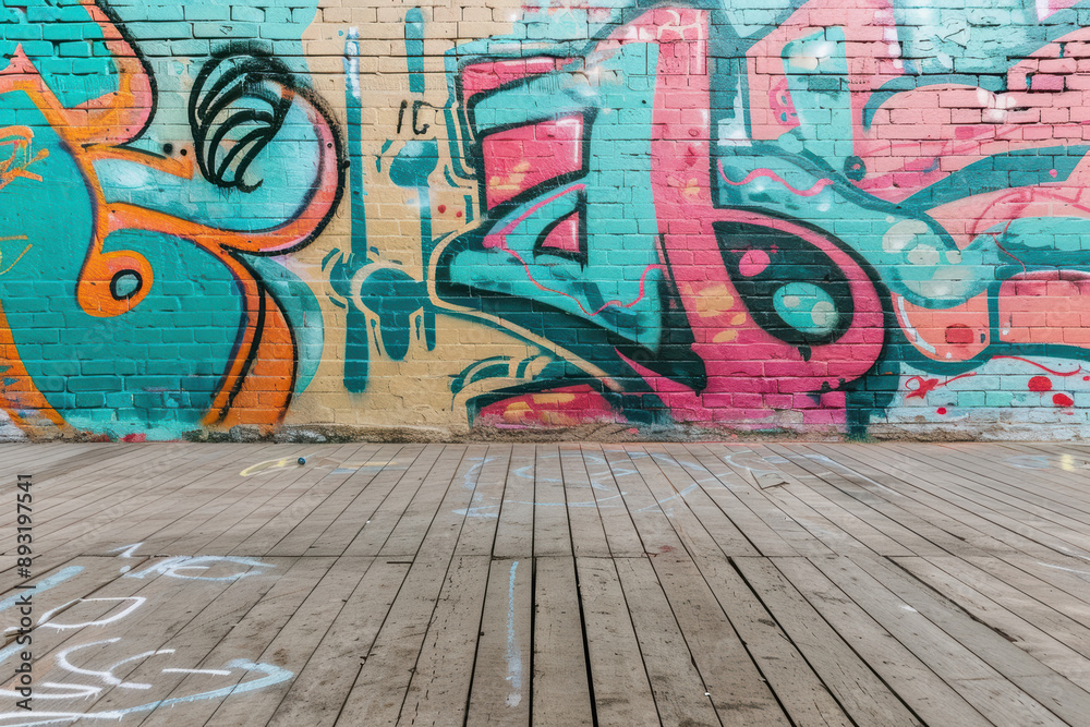 Naklejka premium Colorful urban graffiti art on a brick wall with a wooden floor foreground, showcasing street creativity and vibrant expression.