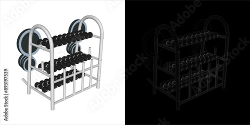 dumbbell rack  Technical wireframe Illustration line art  blueprint on transparent background
