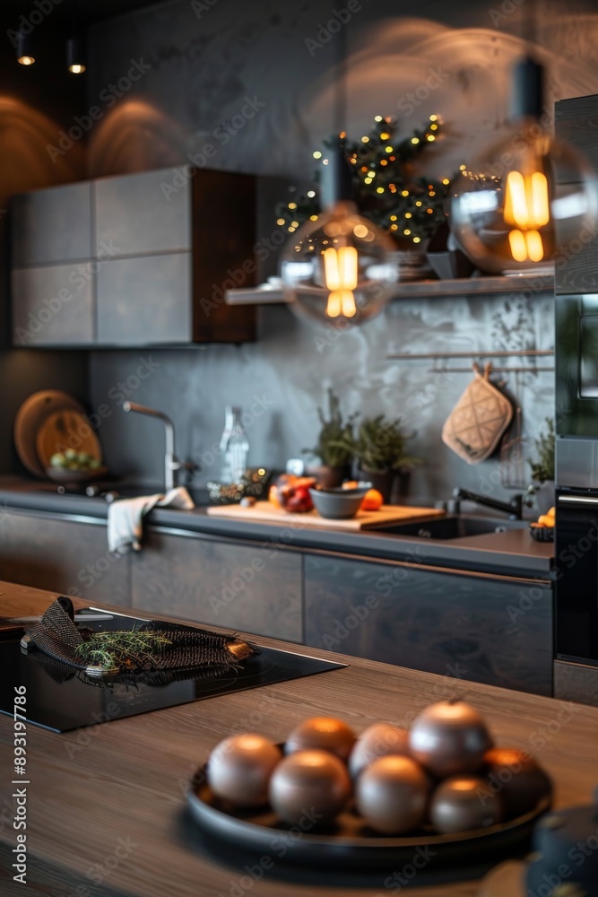 Modern kitchen interior with wooden countertop and decorated with Christmas tree. Modern kitchen interior with wooden countertop and decorated with Christmas tree.