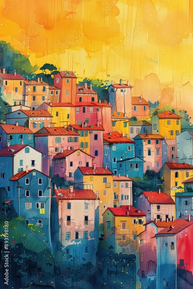 Colorful hillside town with vibrant houses under a golden sky, creating a picturesque and lively atmosphere. Colorful hillside town with vibrant houses under a golden sky, creating a picturesque and lively atmosphere.