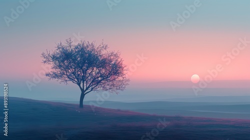 A Lone Tree in the Middle of a Field With the Sun Setting Behind It - Generative AI