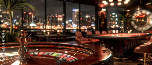 A roulette wheel sits in the foreground with a blurry view of the casino floor and city lights in the background
