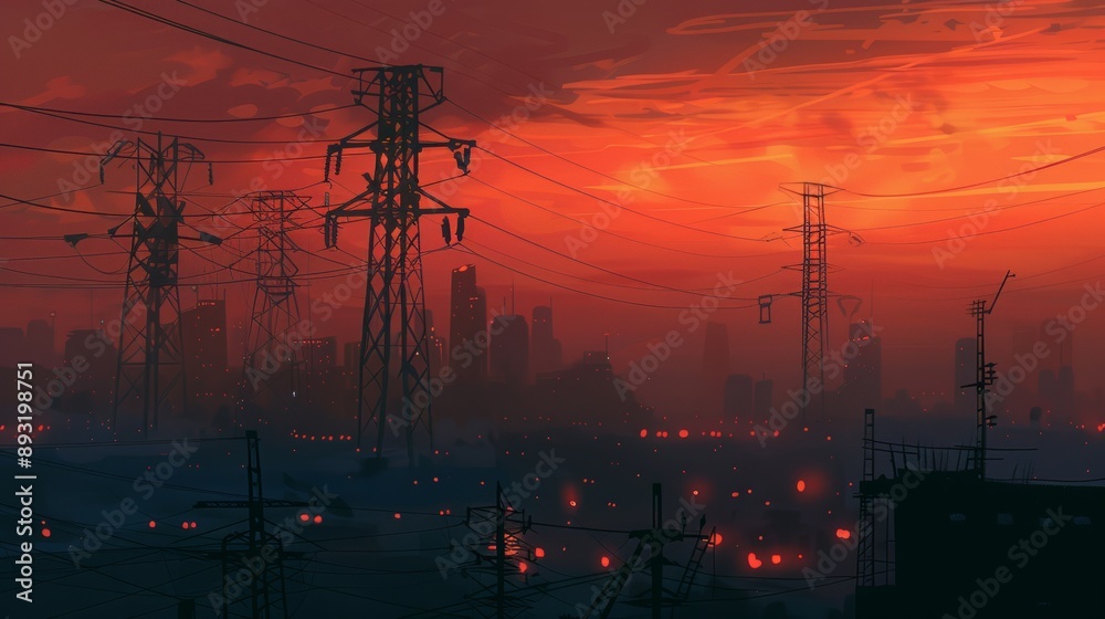 Fototapeta premium Power lines carry electricity from power plants to cities. They use towers and wires to move high-voltage electricity.