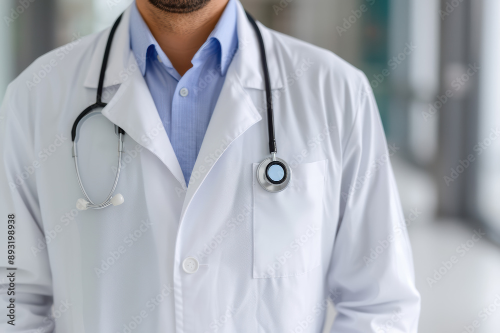 Close-up of a doctor wearing a white coat and stethoscope, standing in a modern hospital setting, representing healthcare and medical professionalism.