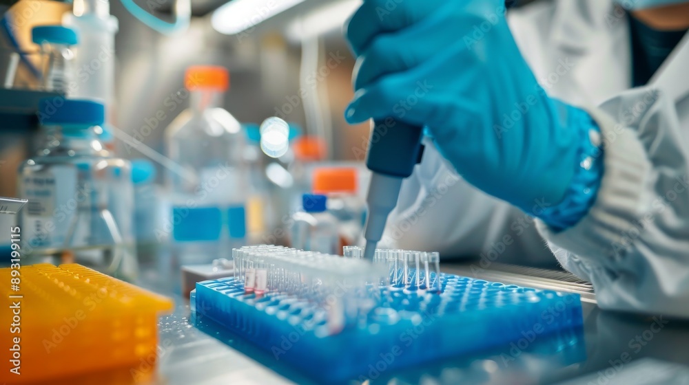 Scientists are using a tool called a pipette to carefully place a sample into a tray. This will allow them to test the sample for DNA.