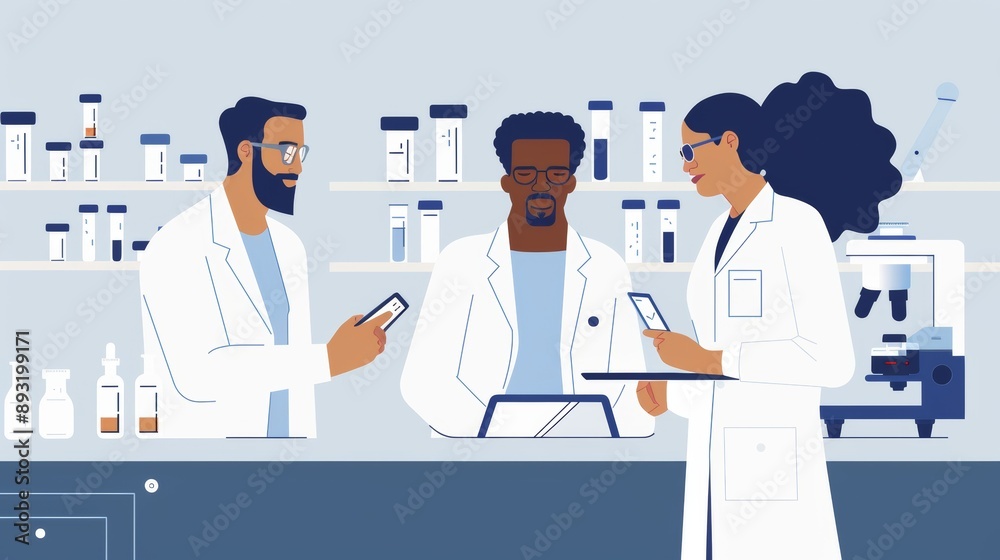 Scientists study data on a tablet in a lab. They are working on new inventions and ideas. Scientists study data on a tablet in a lab. They are working on new inventions and ideas.
