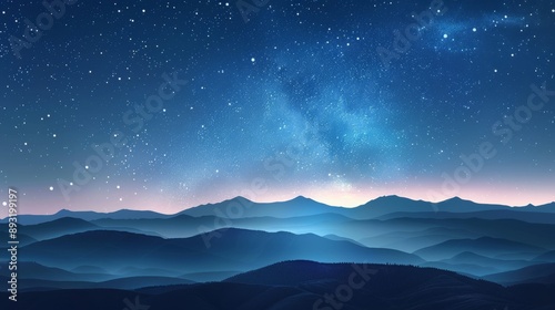 A Mountain Range in the Night Sky With Stars and a Blue Sky Behind It - Generative AI