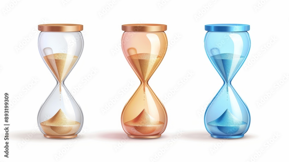 Fototapeta premium Set of 3D hourglass, sand clock, and time icons. Glossy watch to countdown hours and minutes. Isolated design elements for social media on a white background.