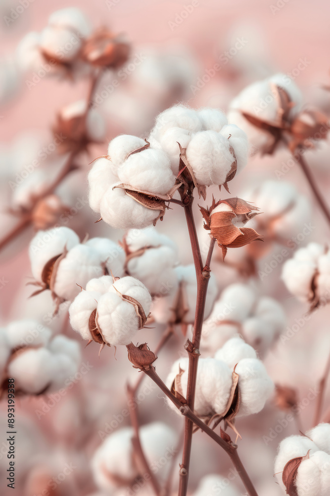 Macro shot of fluffy white cotton bolls on a branch against a soft pink background, highlighting the texture and natural beauty of the cotton plant. Macro shot of fluffy white cotton bolls on a branch against a soft pink background, highlighting the texture and natural beauty of the cotton plant.