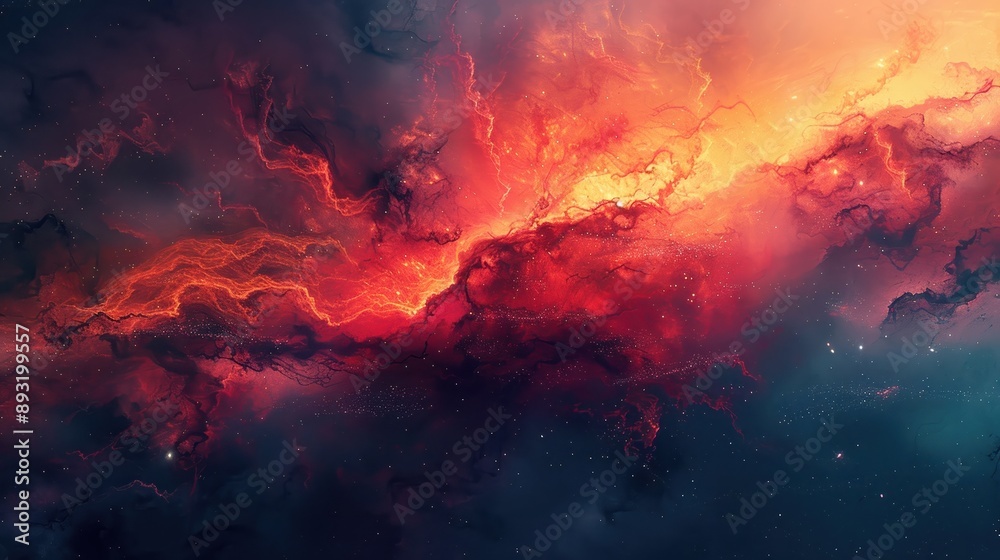 Fototapeta premium Vivid cosmic nebula with bright orange and red hues against a dark starry background, depicting the beauty and mystery of the universe.