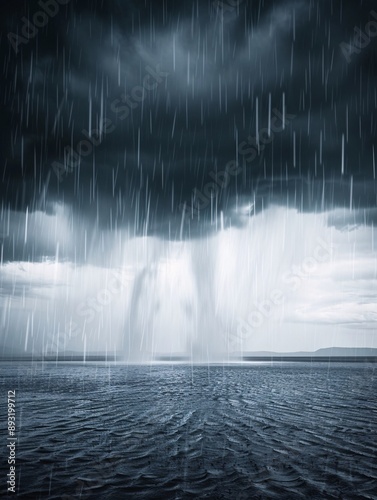 A dramatic and clear photo of a stormy sky with dark clouds and heavy rain pouring down over a landscape