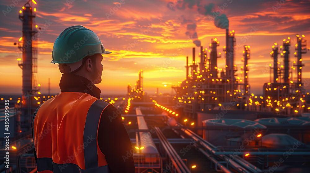 Refinery workers in overalls in the background of an oil refinery Refinery workers in overalls in the background of an oil refinery