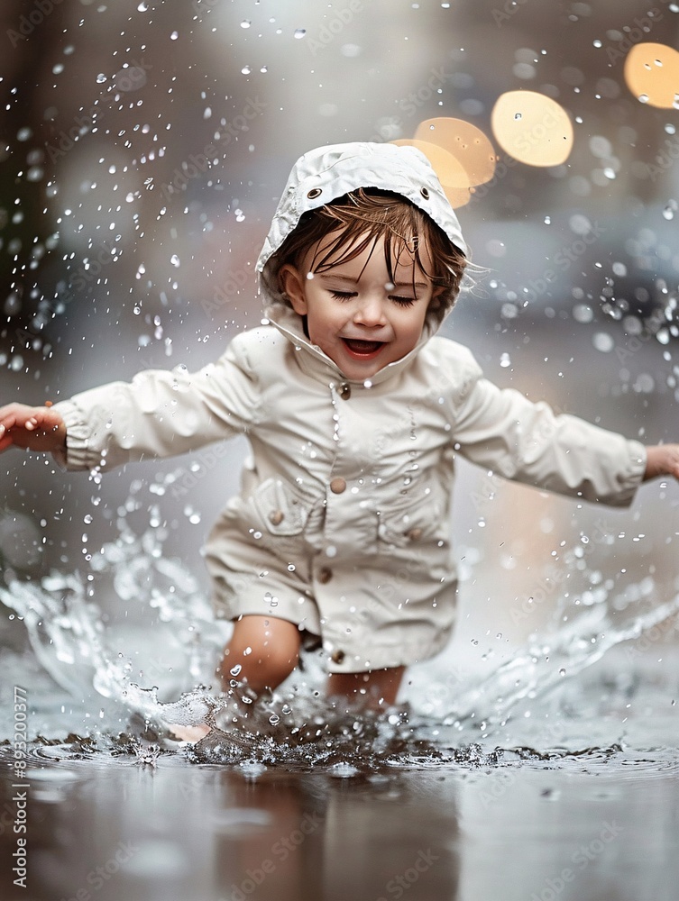 A stunning and clear photo of a child playing in the rain, splashing in puddles with pure joy A stunning and clear photo of a child playing in the rain, splashing in puddles with pure joy