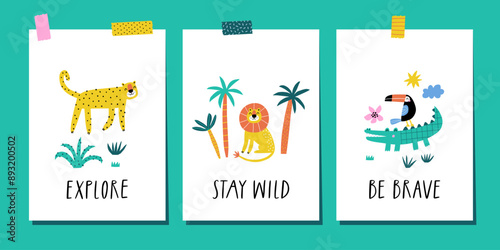 Childish posters set with cute jungle animals. Perfect for birthday invitations, greeting cards, nursery posters. 
