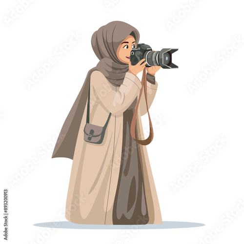 Muslim hijabi woman taking pictures from DSLR camera flat illustration
