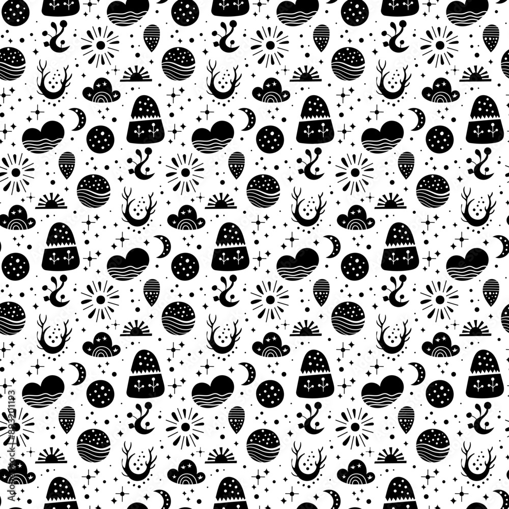 Fototapeta premium Seamless neo folk art vector pattern with mountains, moon and flowers, black and white floral design. Neo folk style endless background perfect for textile design.