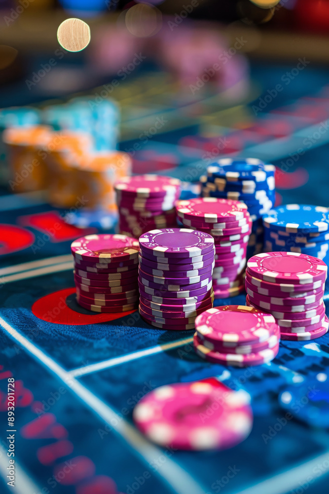Close-up of colorful casino chips stacked on a blue gaming table Close-up of colorful casino chips stacked on a blue gaming table