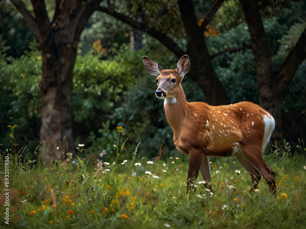 A deer with reddish-brown fur grazes in a meadow against a background of trees in early fall A deer with reddish-brown fur grazes in a meadow against a background of trees in early fall