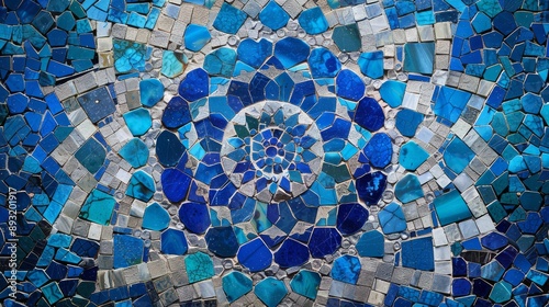 A Close up of a Blue and White Mosaic Tile Design on a Wall or Floor - Generative AI