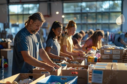 group of diverse volunteers are busy sorting through boxes of donated items at a bustling community charity donation center. Each person is focused on their task, whether it be organ