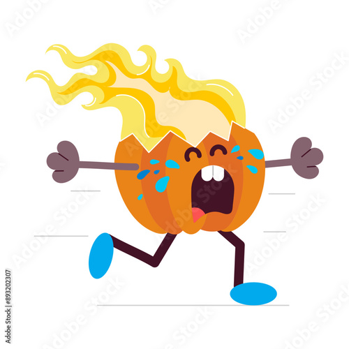 A flat style sticker showing burning pumpkin running 

