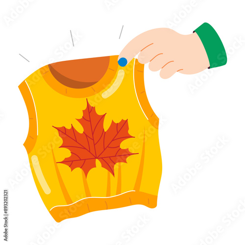 A flat style sticker of sleeveless sweater with a leaf on it 