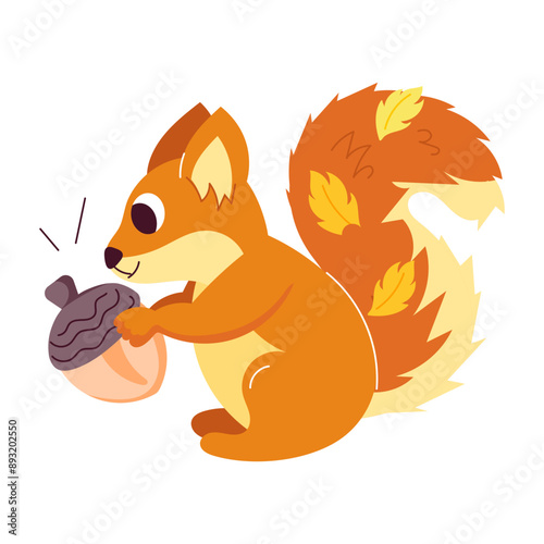 Cute squirrel acorn sticker in flat style 

