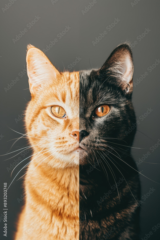Split image of a cat with half orange and half black fur, illustrating the beauty of diversity and contrast in feline patterns against a solid background. Split image of a cat with half orange and half black fur, illustrating the beauty of diversity and contrast in feline patterns against a solid background.