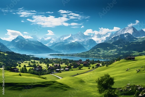 Mountain landscape with houses and meadows in the foreground, 3d render