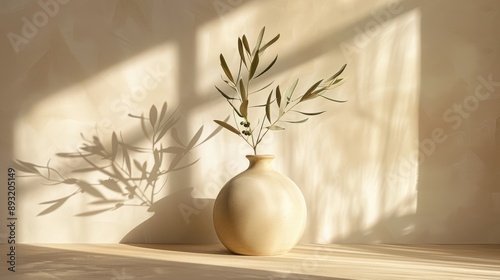 Contemporary summer still life: beige vase and olive branch in sunlight on beige table with shadows. Mediterranean ambiance.