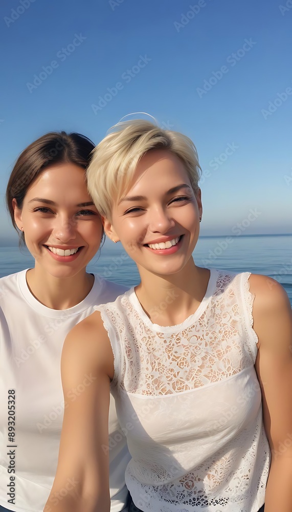 Two Smiling Women Enjoying a Sunny Day by the Sea Two Smiling Women Enjoying a Sunny Day by the Sea