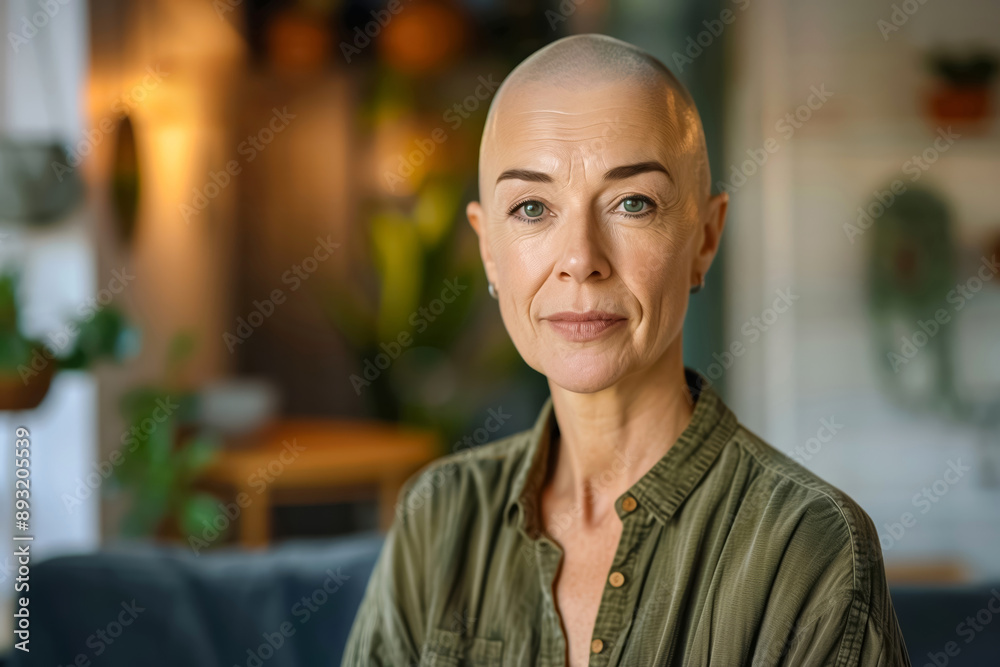 Fototapeta premium A serene portrait captures a bald woman in a warmly lit room with potted plants and contemporary decor, exuding tranquility and soft beauty