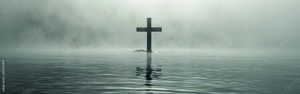 Solitary Cross Over Misty Water at Dawn