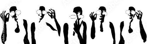 A set of stickers with a face in glasses. Symbols with different emotions. Poses of faces, hands. Torso. Halftone silhouettes. Halloween. Icons for messages, atmosphere, website, avatar. Vector