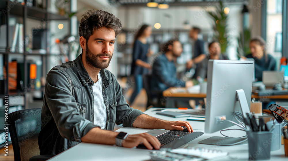 featuring a tech-savvy man at his computer in a creative office, with moving colleagues in the background representing collaboration and connectivity, ideal for themes of technolog featuring a tech-savvy man at his computer in a creative office, with moving colleagues in the background representing collaboration and connectivity, ideal for themes of technolog