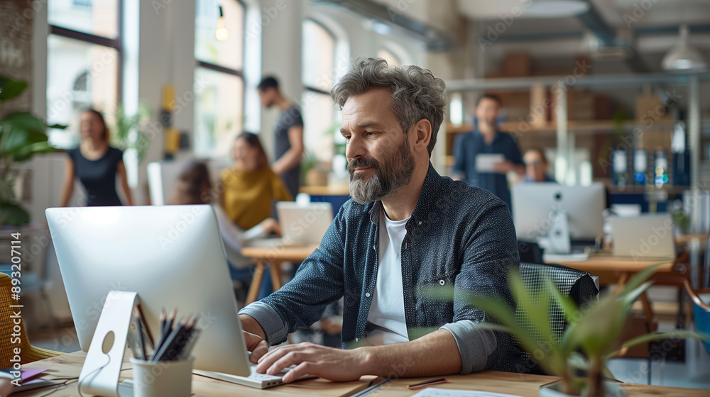 Obraz premium featuring a tech-savvy man at his computer in a creative office, with moving colleagues in the background representing collaboration and connectivity, ideal for themes of technolog