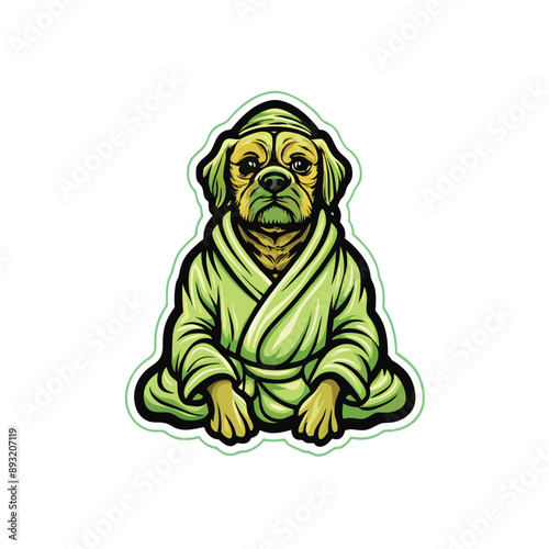 A cartoon dog wearing a light green terry robe sits in a relaxed pose.