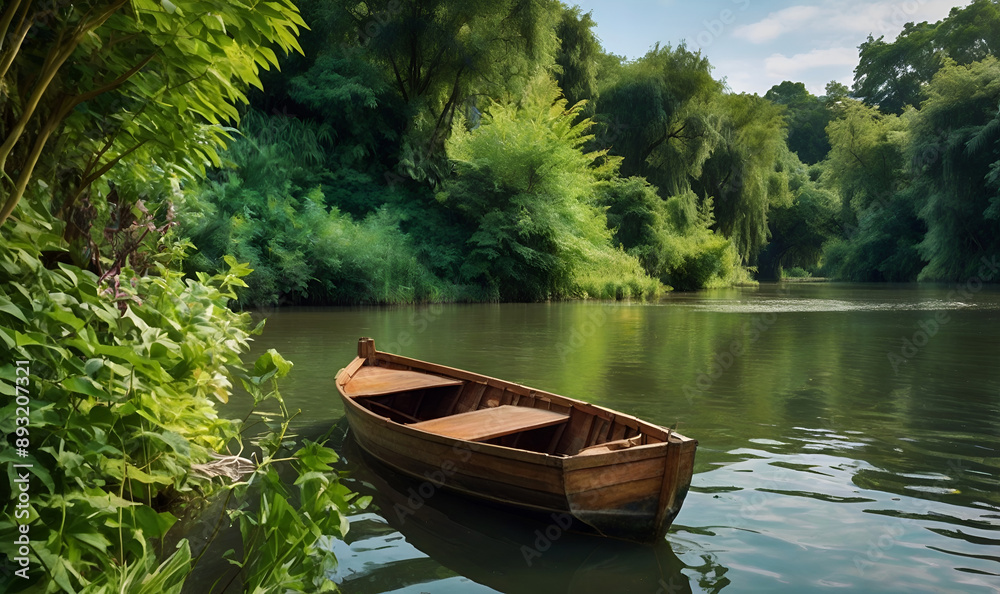 A wooden boat gliding on the water, a picturesque shore with trees. A wooden boat gliding on the water, a picturesque shore with trees.