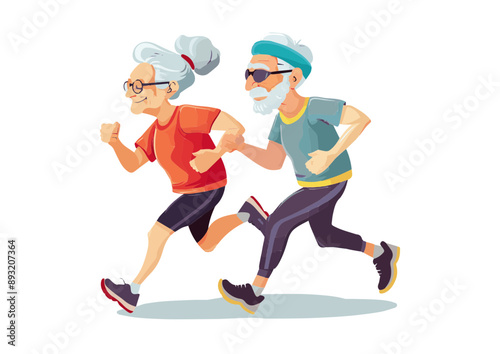 An elderly couple are jogging