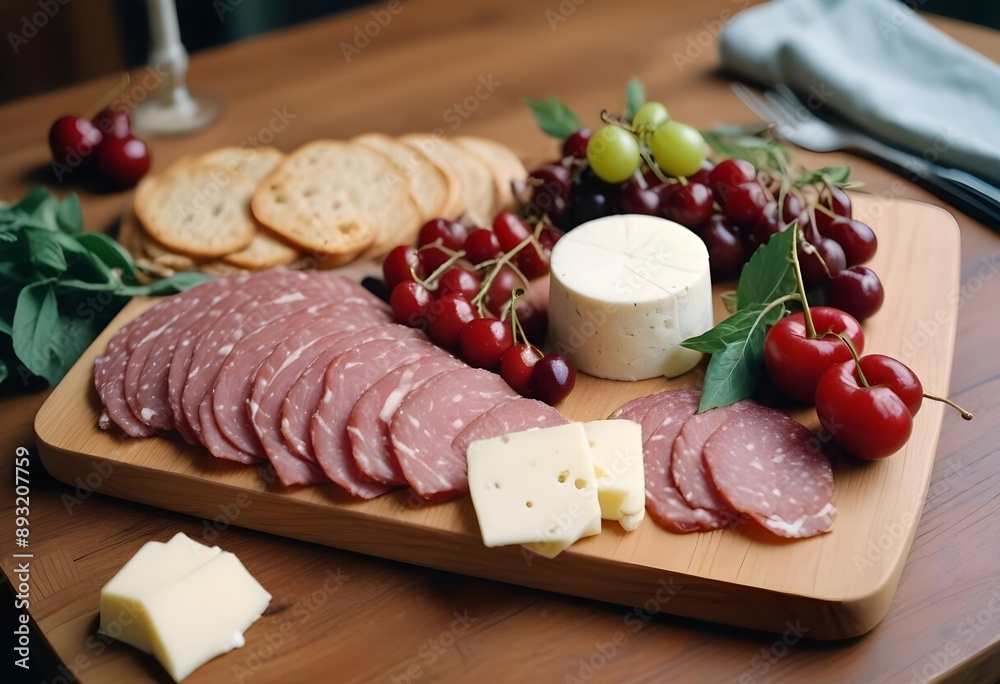 Gourmet charcuterie board. Breakfast served on a wooden table Gourmet charcuterie board. Breakfast served on a wooden table