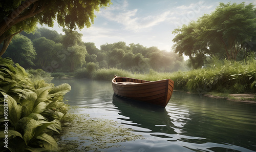 A wooden boat gliding on the water, a picturesque shore with trees.