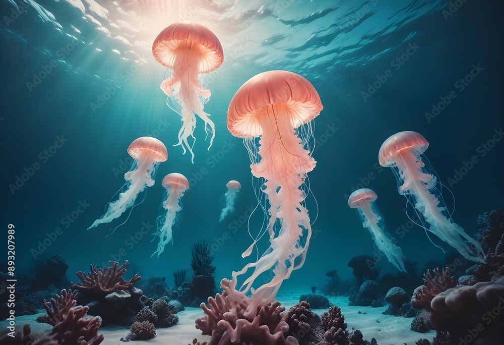 Fototapeta premium Jellyfish up close under crystal clear water with sunlight shining through