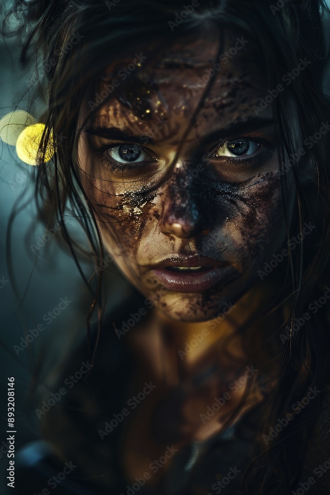 Portrait of a beautiful female warrior with a scarred face, dirt on her skin and , in the dark fantasy style, cinematic lighting, shot from the front with a 20mm lens, bokeh background, hyper realisti Portrait of a beautiful female warrior with a scarred face, dirt on her skin and , in the dark fantasy style, cinematic lighting, shot from the front with a 20mm lens, bokeh background, hyper realisti