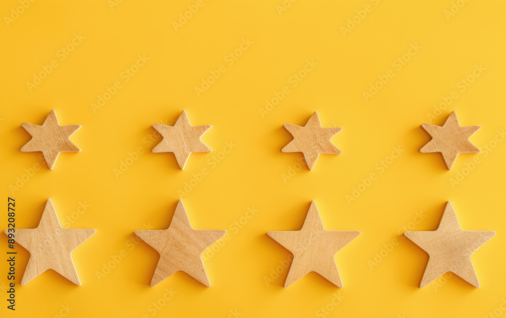 Modern minimalist composition of wooden stars arranged on a vibrant yellow background, perfect for creative design and rating concept visuals. Modern minimalist composition of wooden stars arranged on a vibrant yellow background, perfect for creative design and rating concept visuals.