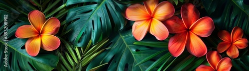 Exotic tropical flower blossoms with vivid colors and lush greenery, tropical flowers photo