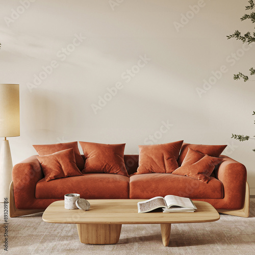 Inviting modern living room with a plush terracotta sofa and a natural wood coffee table under soft ambient lighting. 3d render