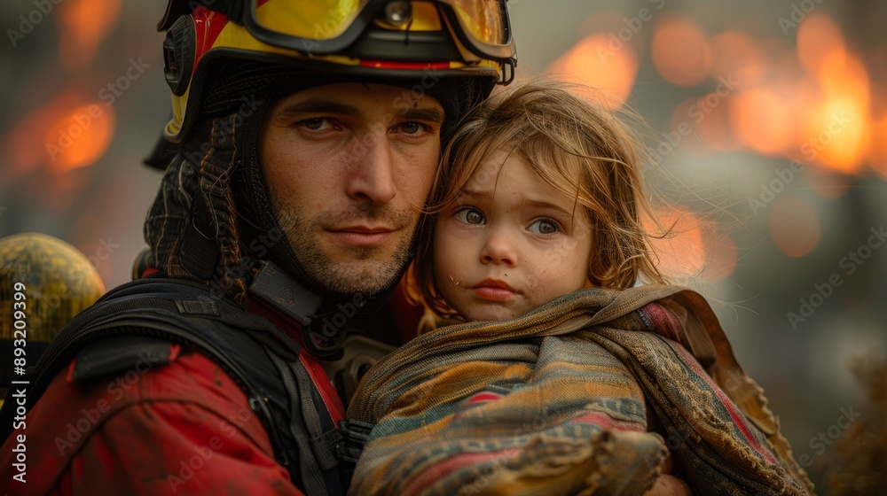 Amidst the chaos of a fire, a courageous firefighter saves a frightened child, highlighting the urgency and valor of the rescue mission. Amidst the chaos of a fire, a courageous firefighter saves a frightened child, highlighting the urgency and valor of the rescue mission.