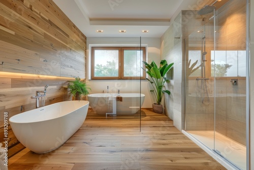 Interior of modern bathroom with wooden walls, wooden floor and white bathtub.